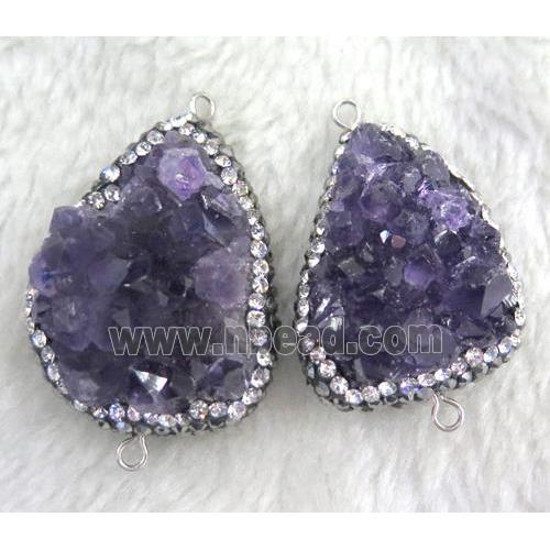 Amethyst druzy connector paved rhinestone, freeform, purple