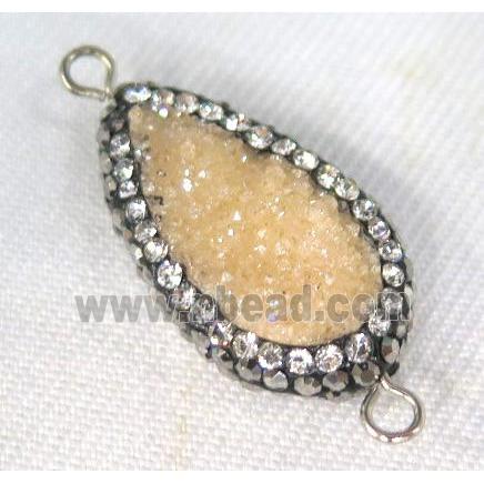 Druzy Quartz connector paved rhinestone, teardrop, gold champagne