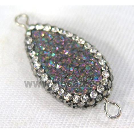 Druzy Quartz connector paved rhinestone, teardrop, rainbow