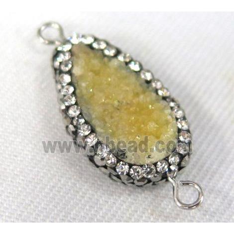 yellow Druzy Quartz connector paved rhinestone, teardrop