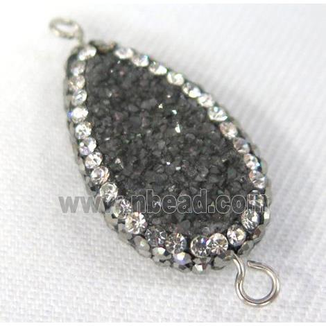 black Druzy Quartz connector paved rhinestone, teardrop