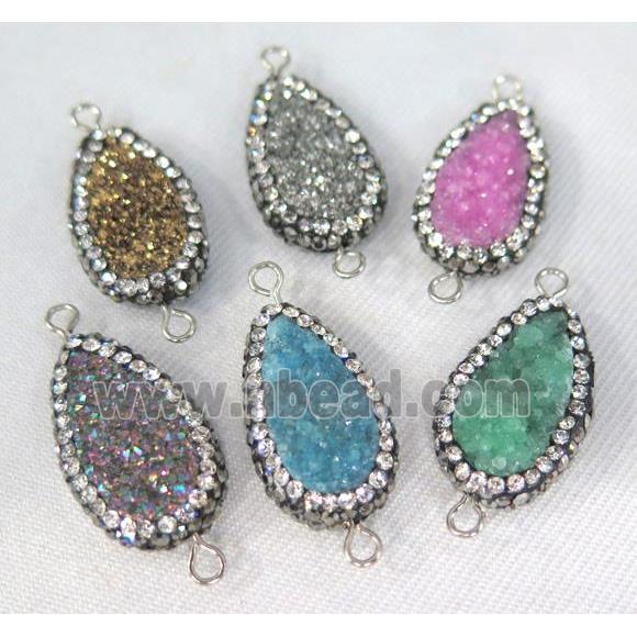 Druzy Quartz connector paved rhinestone, teardrop, mix color