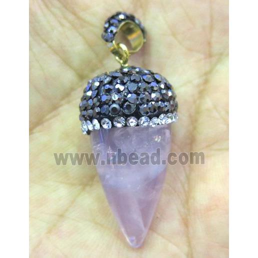 Rose Quartz bullet pendant paved rhinestone, pink