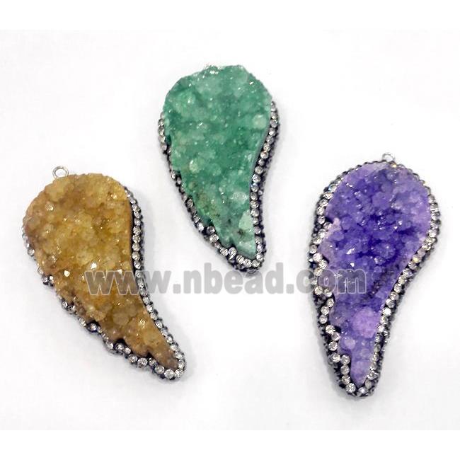 druzy quartz pendant paved rhinestone, wing, mix color