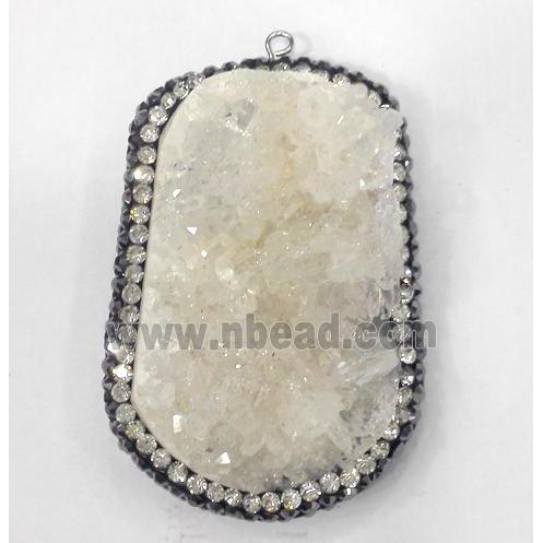 white druzy quartz pendant paved rhinestone, freeform