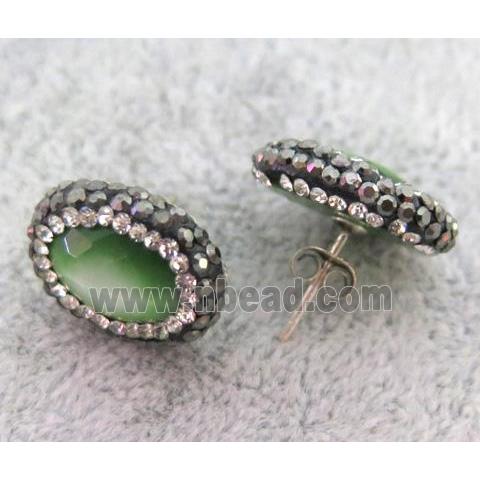 cats eye stone earring studs paved rhinestone, green