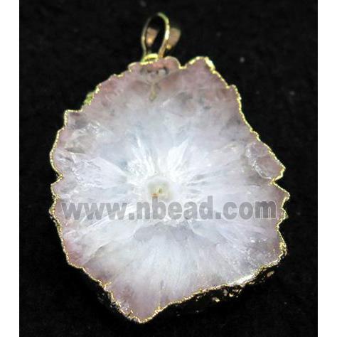 white Solar Quartz Druzy slice pendant, polished, freeform, gold plated