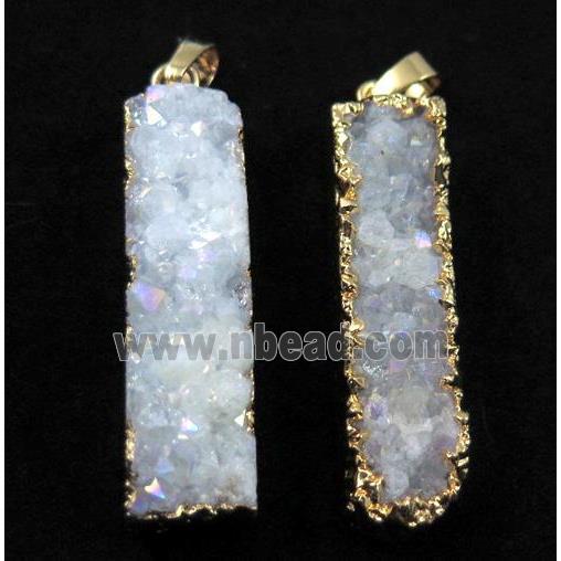 druzy quartz pendant, rectangle, white AB-color, gold plated