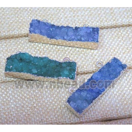 druzy quartz rectangle pendant with 2holes, mix color, silver plated