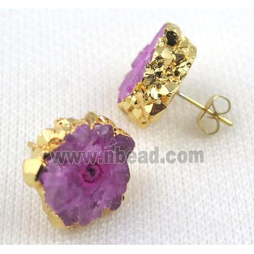 hotpink Solar Quartz druzy earring studs, copper, gold plated