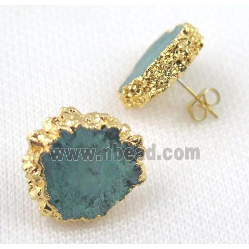 green Solar Quartz druzy earring studs, copper, gold plated