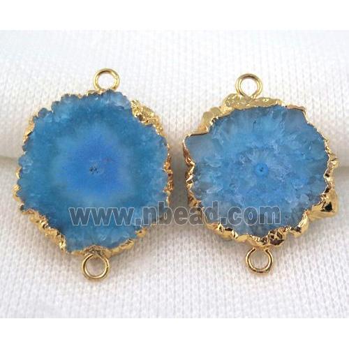 aqua solar Quartz druzy slice connector, freeform, gold plated