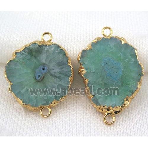 green solar Quartz druzy slice connector, freeform, gold plated