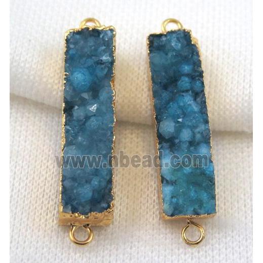 blue druzy quartz connector, rectangle, gold plated