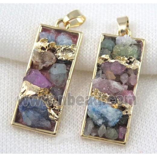 Fluorite pendant, rectangle, copper, gold plated