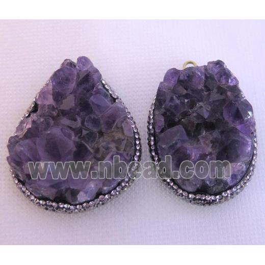 amethyst druzy pendant pave rhinestone, freeform