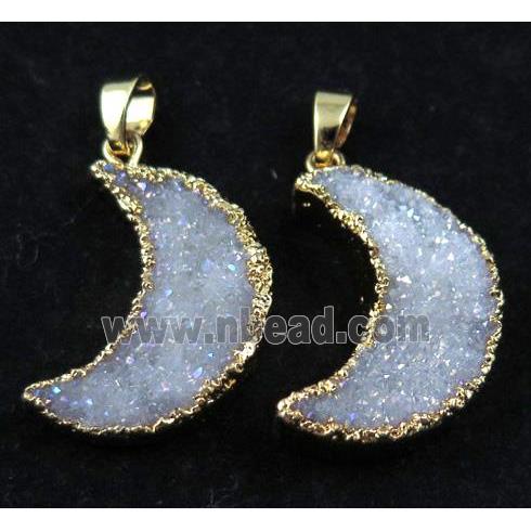 Druzy Quartz pendant, white AB-color, crescent moon shape, gold plated