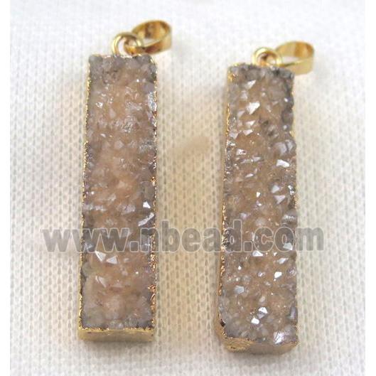 druzy quartz pendant, gold-champagne, rectangle, gold plated