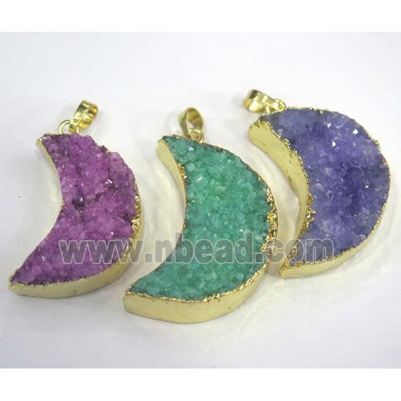 quartz druzy moon pendant, mix color, gold plated