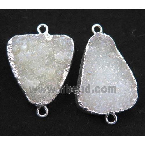 Fluorite druzy connector, white, freeform, silver plated