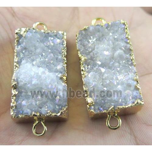 quartz druzy connector, white AB-color, rectangle, gold plated