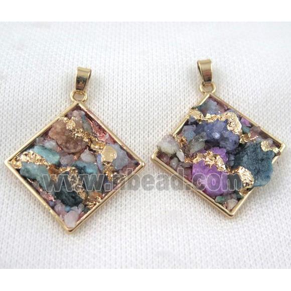 Fluorite pendant, square, copper, gold plated