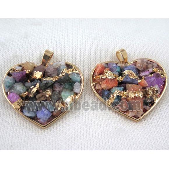 Fluorite pendant, heart, copper, gold plated