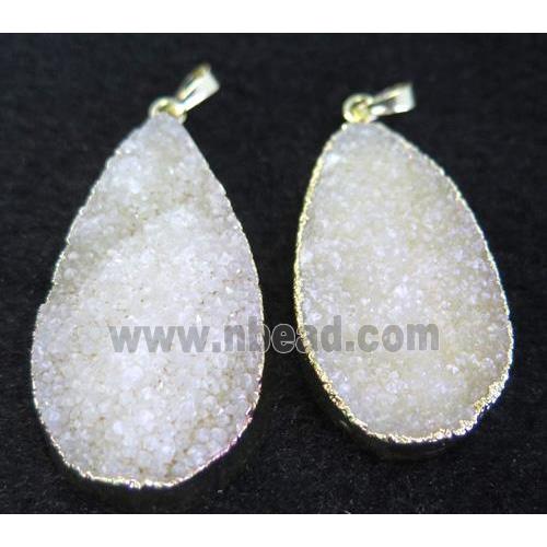 white druzy quartz pendant, teardrop, gold plated