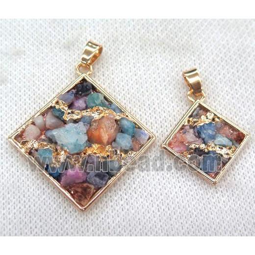 colorful tourmaline pendant, square, copper, gold plated