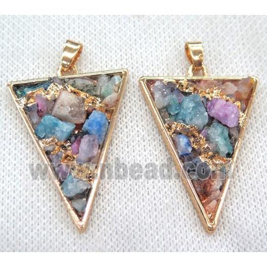 colorful tourmaline pendant, triangle, copper, gold plated