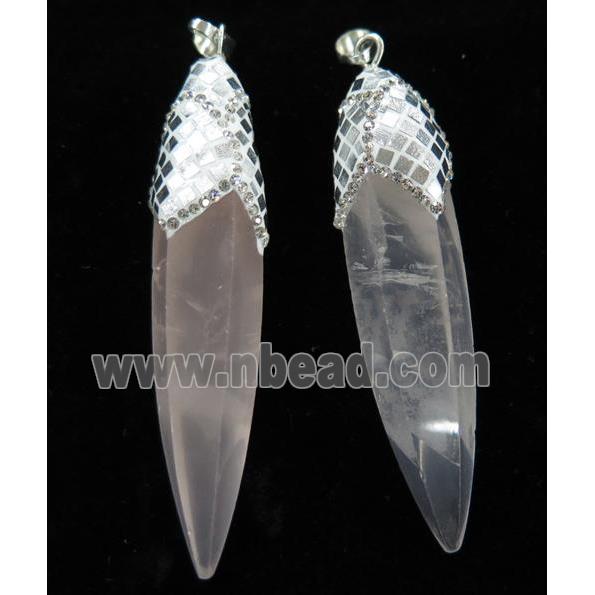 Rose Quartz Bullet Pendant Paved Silver Foil, rhinestone