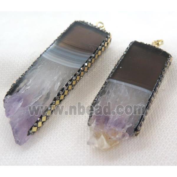 Amethyst rectangle pendant paved gold foil, rhinestone