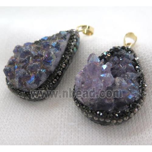 Amethyst druzy teardrop pendant paved abalone shell foil, rhinestone