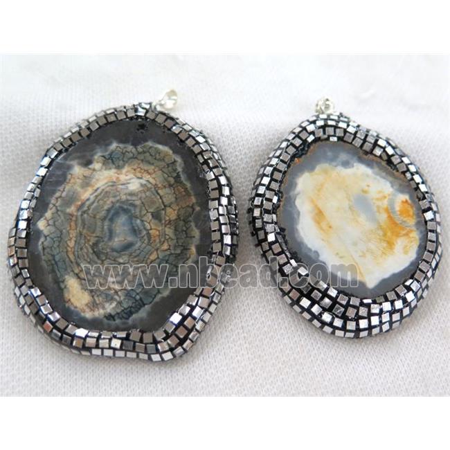 dragon veins agate slice pendant paved silver foil, rhinestone, mix color