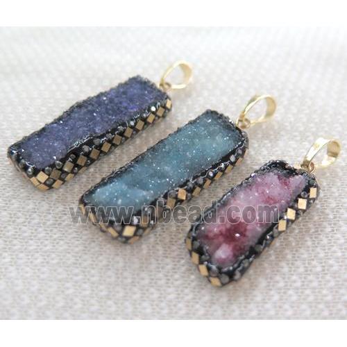 druzy quartz rectangle pendant paved gold foil, rhinestone, mix color