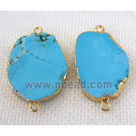 blue turquoise slice connector, freeform, gold plated