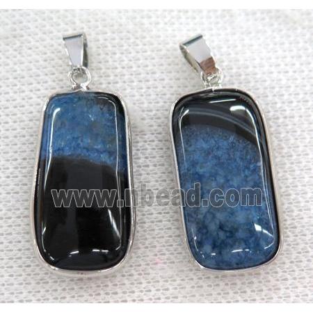 blue druzy agate pendant, rectangle, silver plated