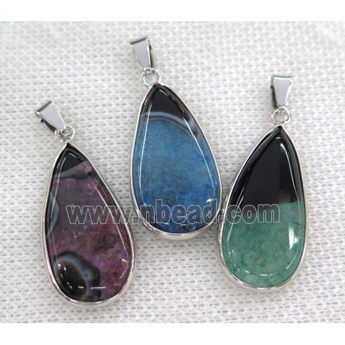 druzy agate pendant, mix color, teardrop, silver plated