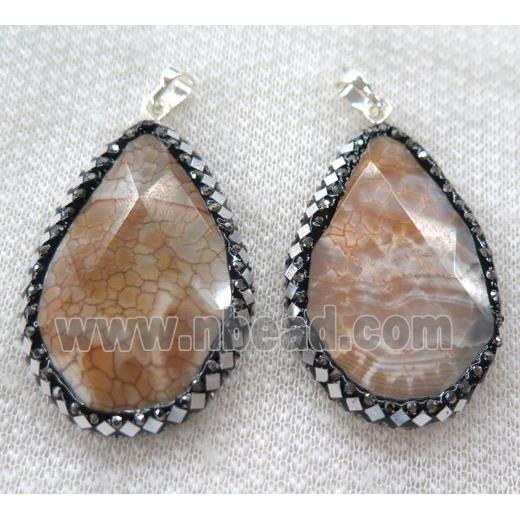 Dragon veins Agate pendant pave silver foil, faceted teardrop