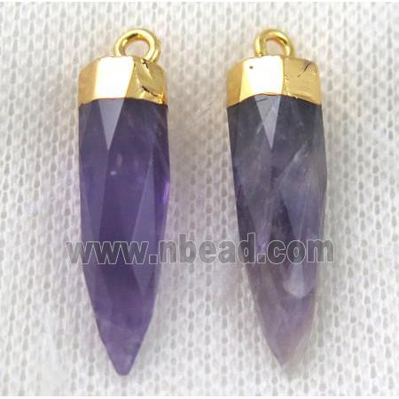 Amethyst pendant, purple, faceted bullet, gold plated