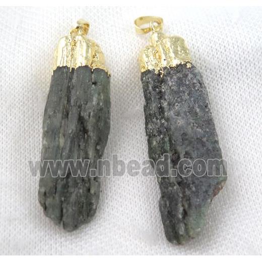 green kyanite stick pendant, gold plated