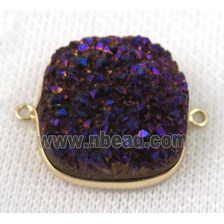 druzy quartz connector, square, purple electoplated