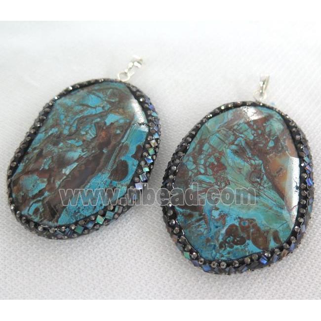 Ocean Jasper pendant Pave Abalone Shell Foil, rhinestone, faceted freeform, blue