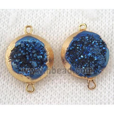 blue druzy quartz connector, flat round, gold plated