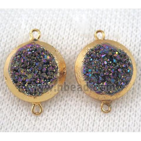 rainbow druzy quartz connector, flat round, gold plated