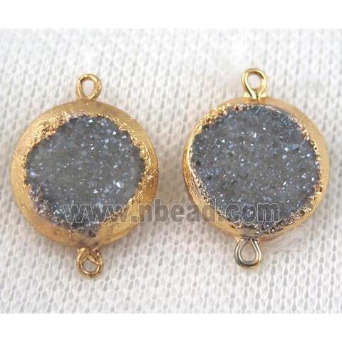 blue-gray druzy quartz connector, flat round, gold plated