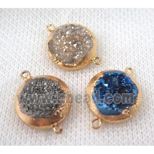 druzy quartz connector, mix color, flat round, gold plated