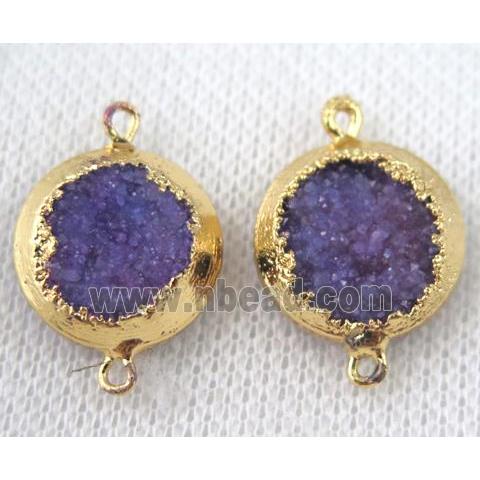 purple druzy quartz connector, flat round, gold plated