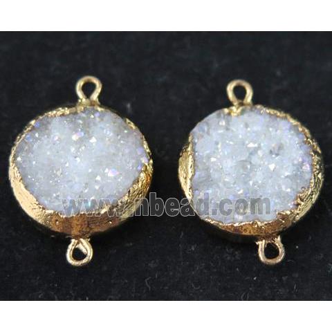 white AB-color druzy quartz connector, flat round, gold plated