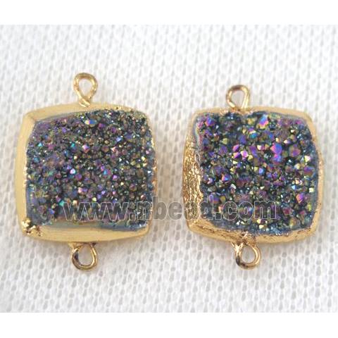 rainbow druzy quartz connector, square, gold plated